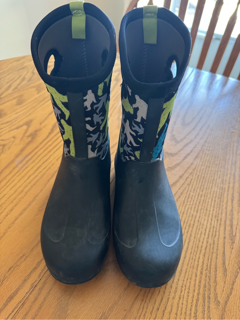 Kids Black Rain Boots with Neon Green & Blue Camo Shaft
